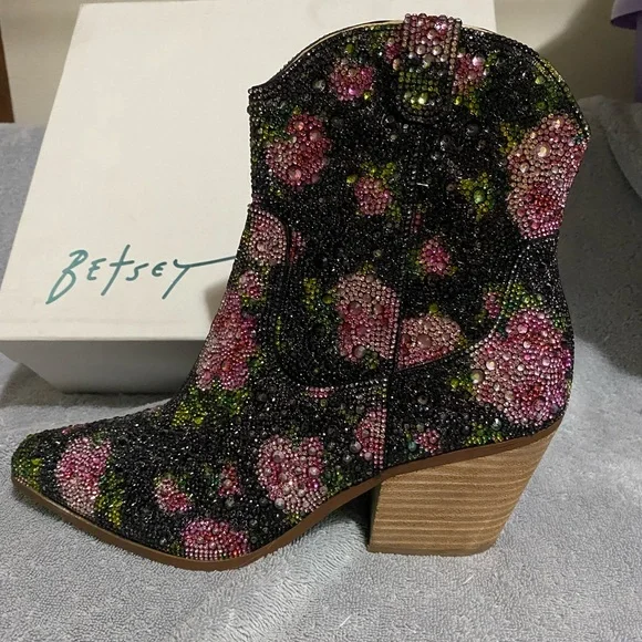 Betsy Johnson Black Floral Diva Western Embellished Ankle Boots - Picture 5 of 15